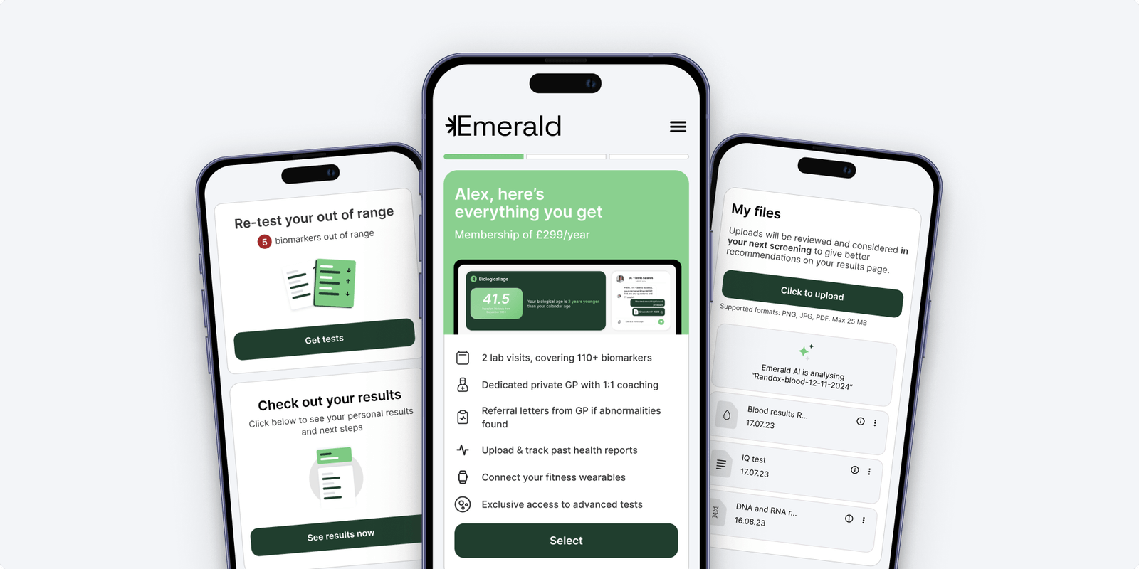 Emerald preventive health app screens, biomarker reports and GP chat