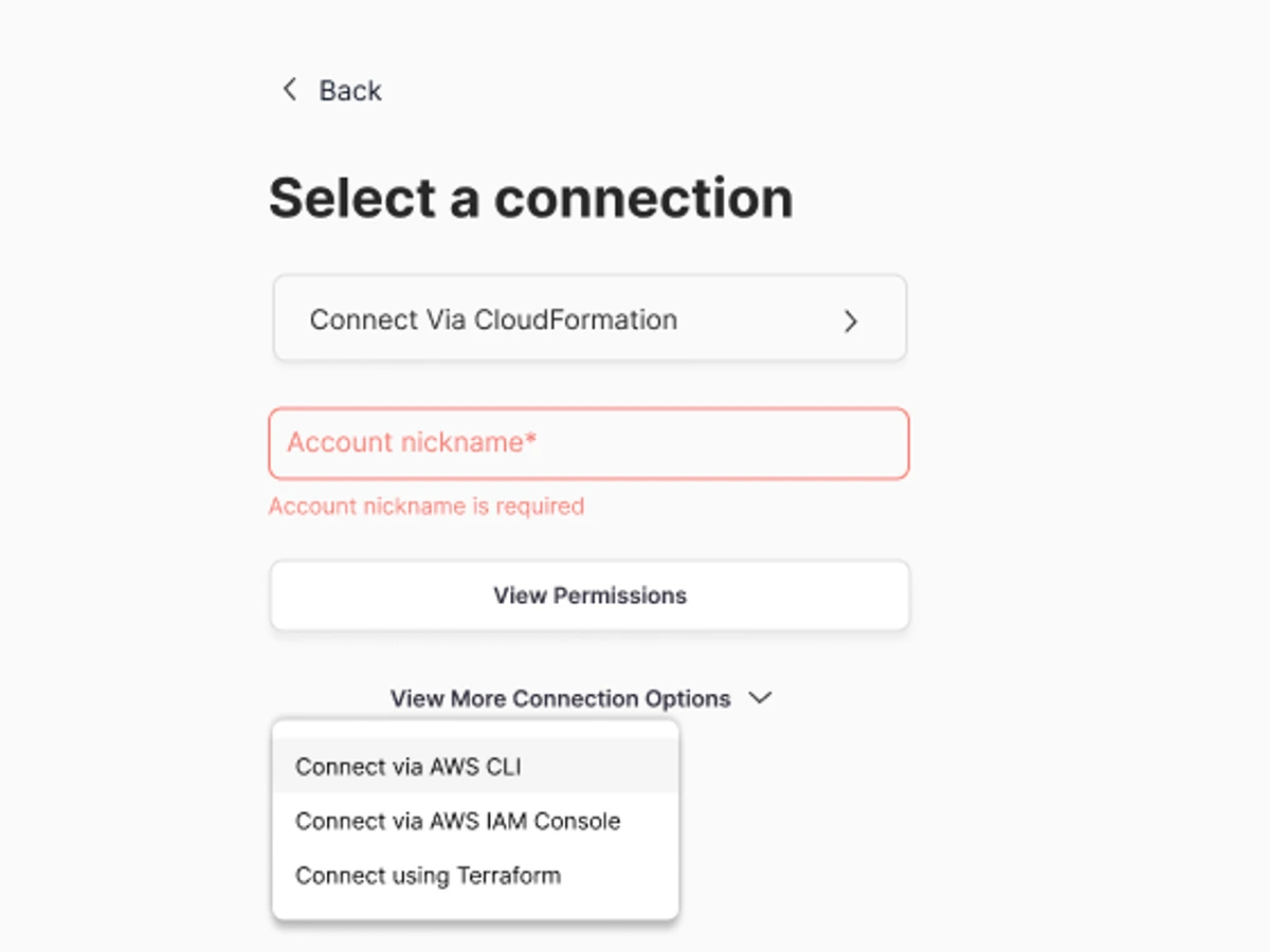 CloudFormation selected as the primary AWS connection route with CLI, IAM Console and Terraform alternatives