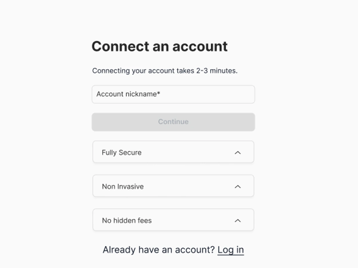AWS account connection screen explaining secure, non-invasive billing access and no hidden fees