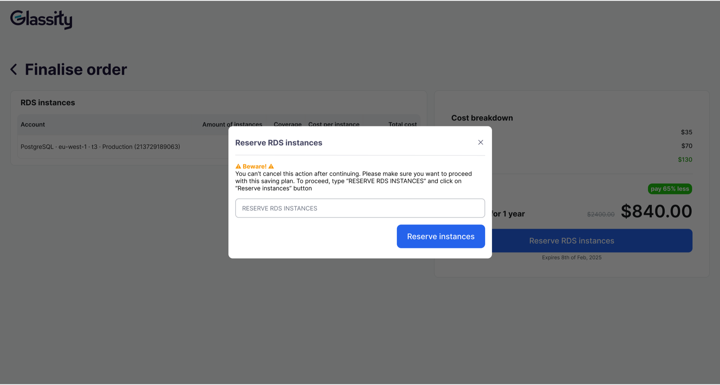 Confirmation dialog requiring the user to type RESERVE RDS INSTANCES before a non-cancellable AWS reservation