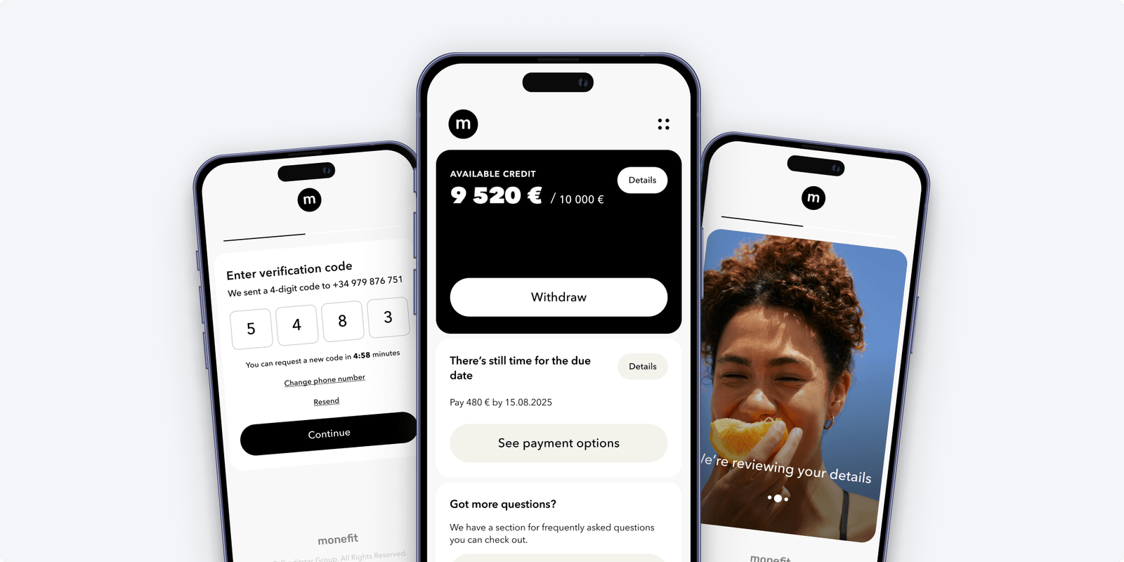 Monefit Credit subscription across three product screens