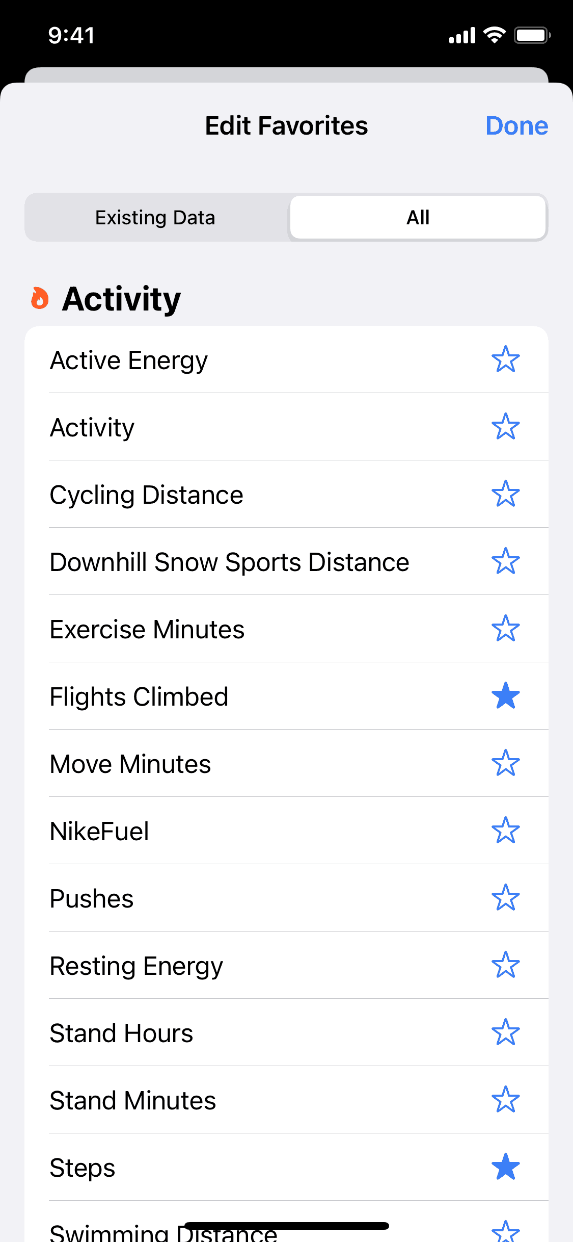 Apple Health edit favorites list of dozens of metric types