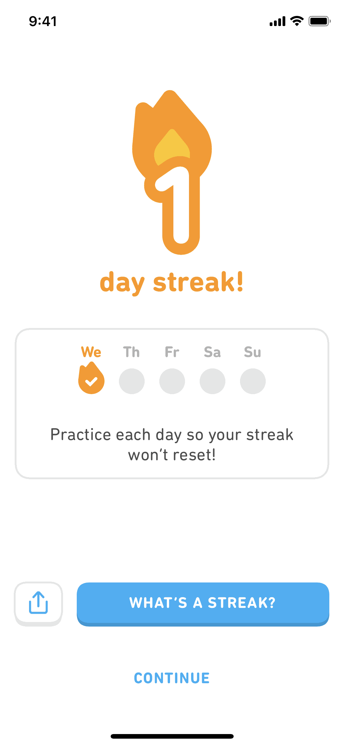 Duolingo streak screen with a What's a streak button