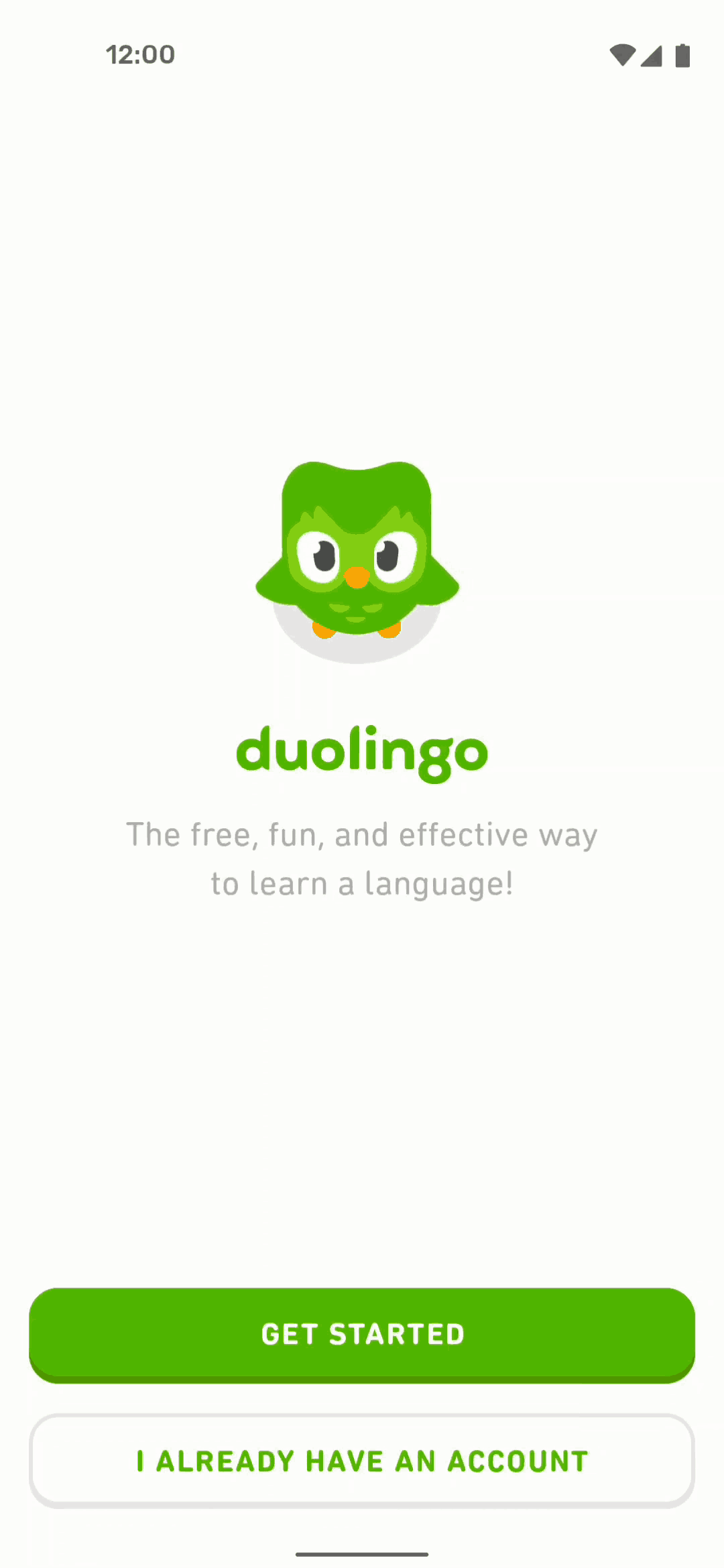 Duolingo splash screen with one line of copy and two buttons