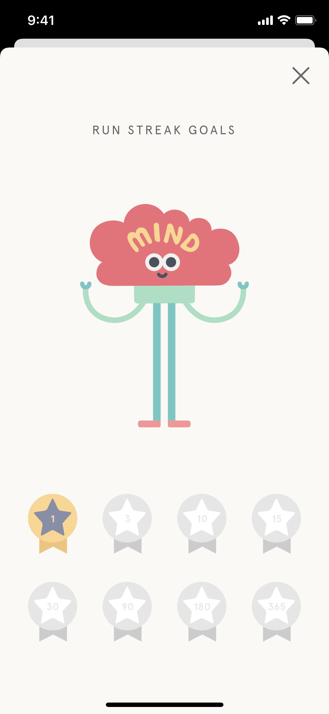 Headspace run streak goals badge shelf with mostly locked badges