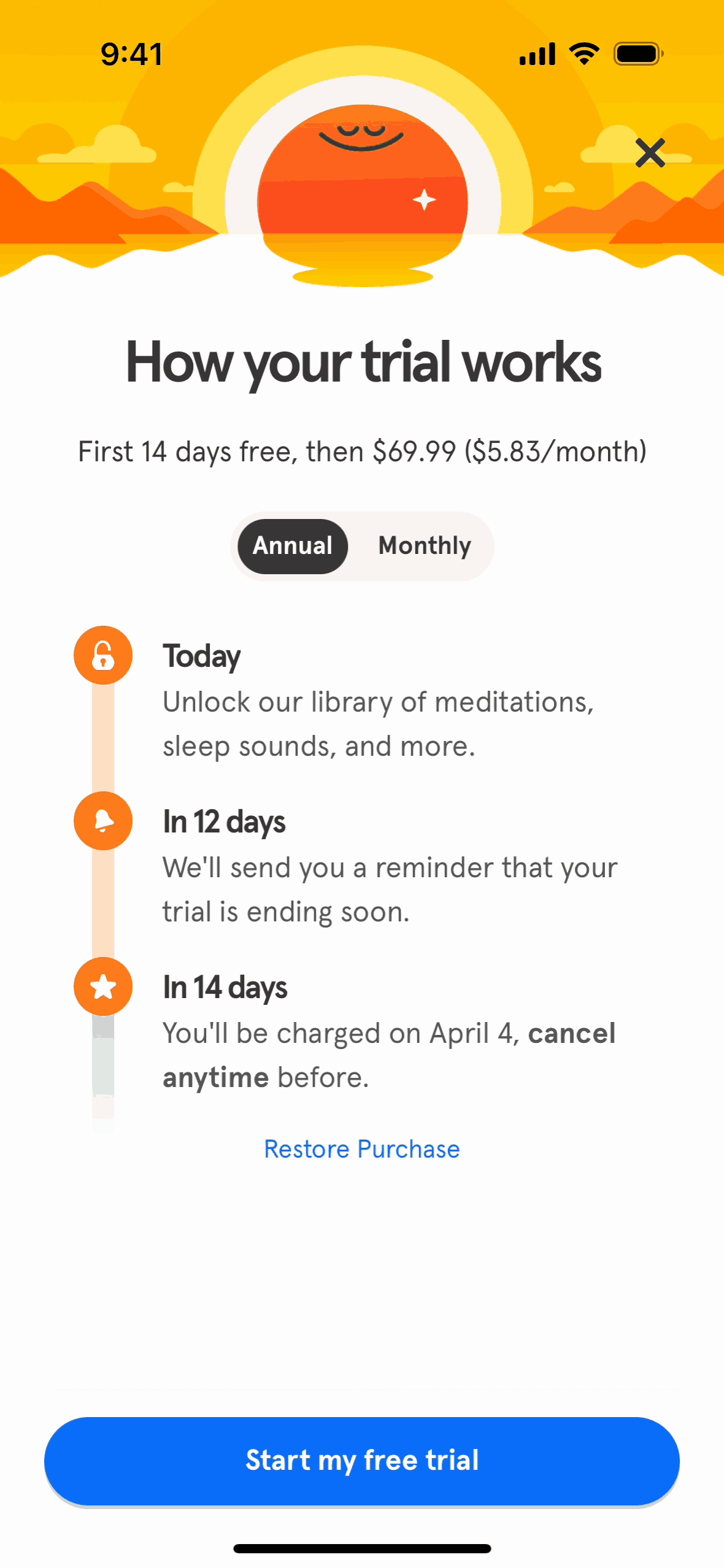 Headspace iOS trial explanation screen