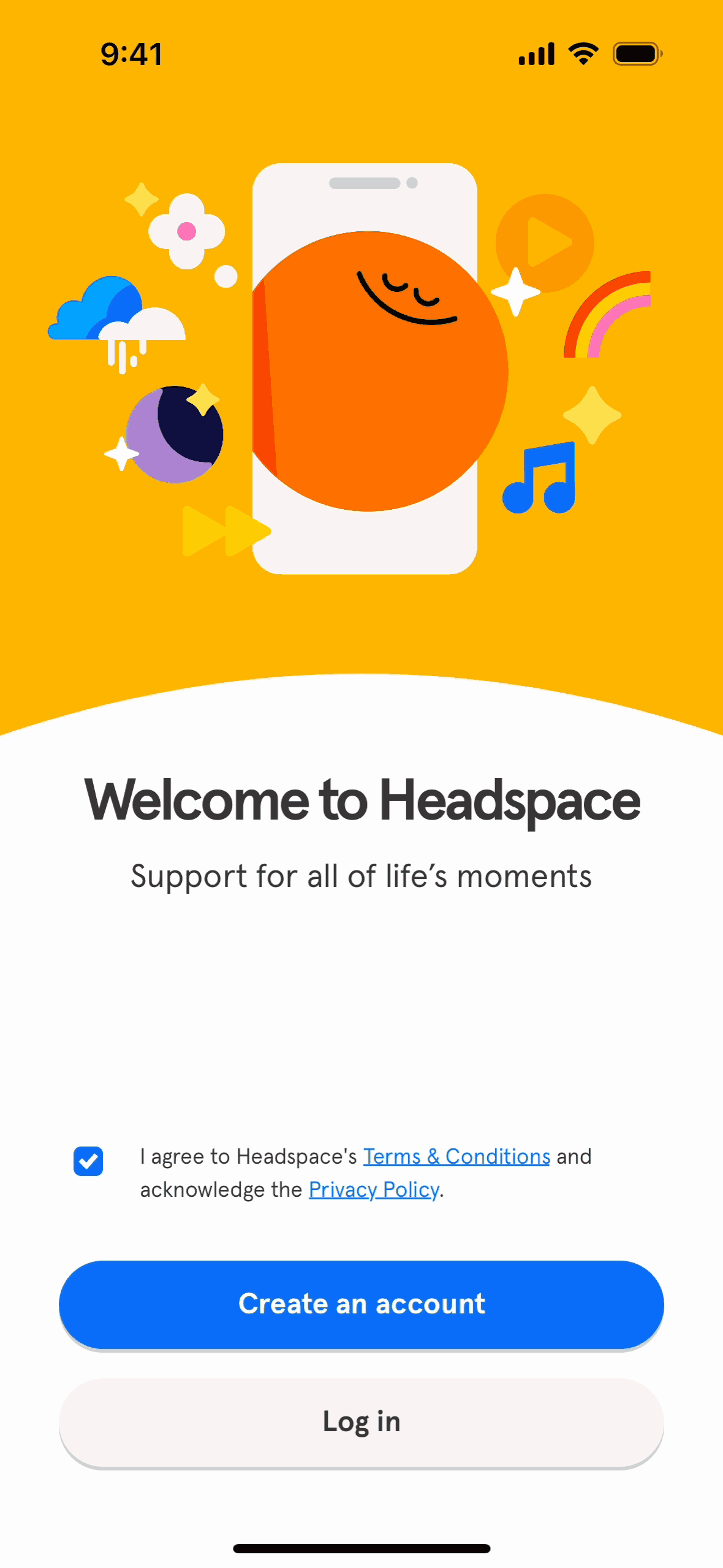 Headspace iOS welcome screen with pre-checked terms box