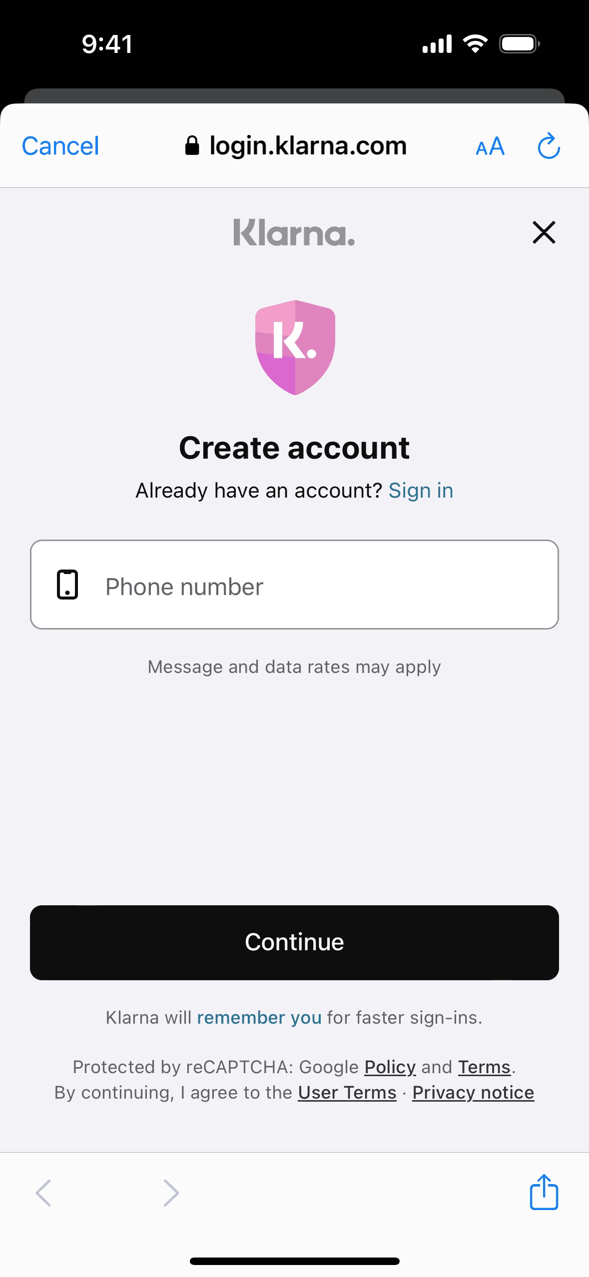 Klarna account creation asking only for a phone number