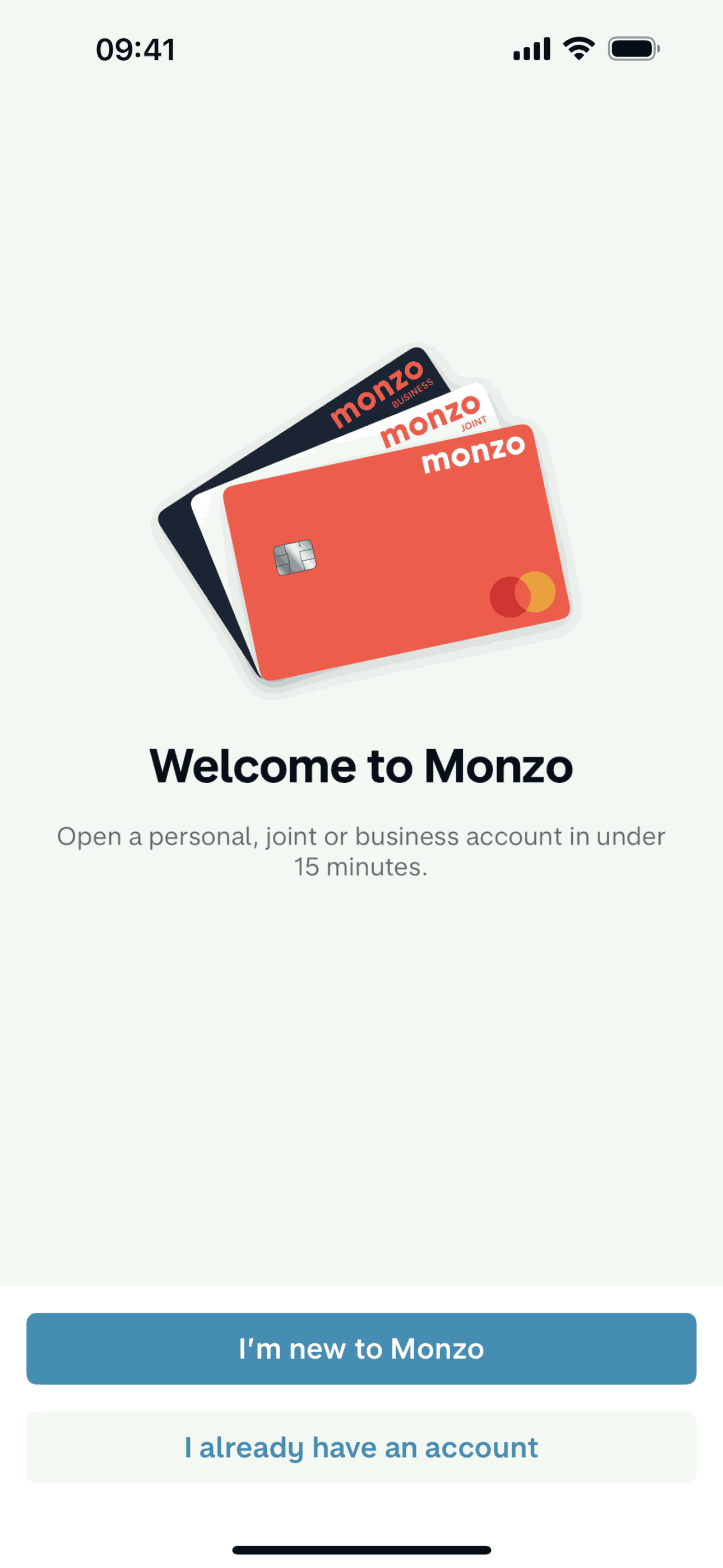 Monzo welcome screen with large high-contrast type and clearly labeled buttons