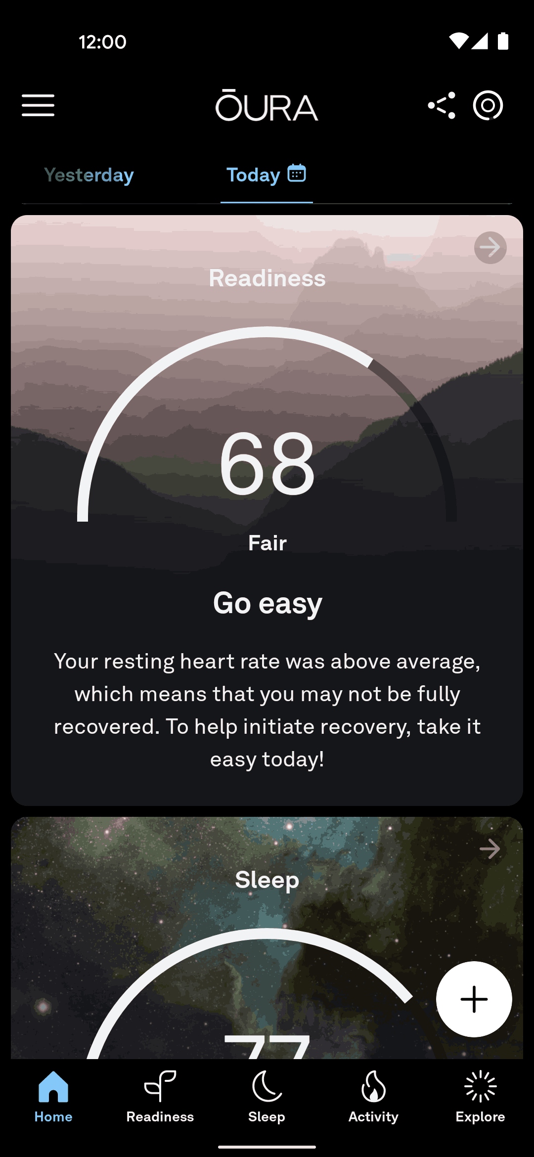 Oura readiness card reading 68, Fair, Go easy