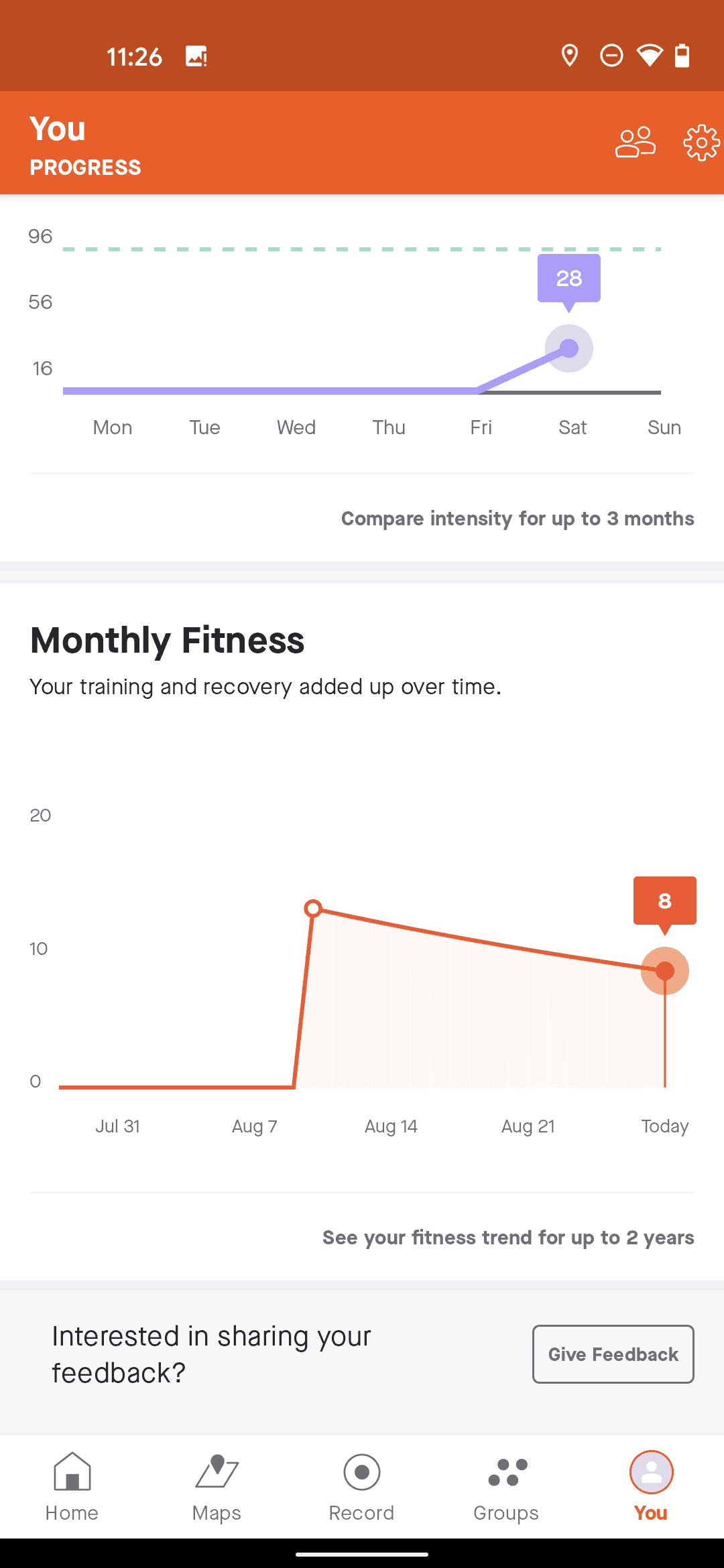 Strava progress tab with training load charts