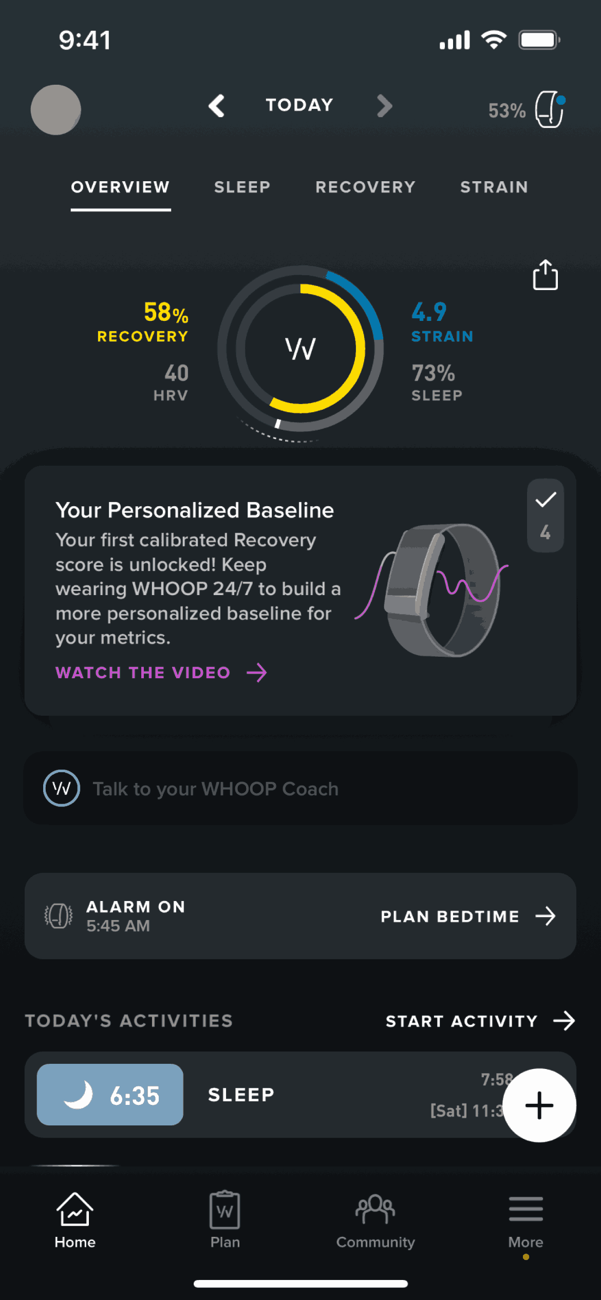 Whoop iOS home screen with recovery, strain and HRV scores